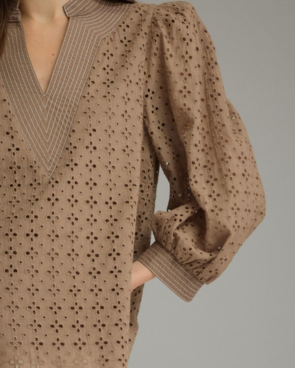 Eyelet Pattern Mocha Blouse