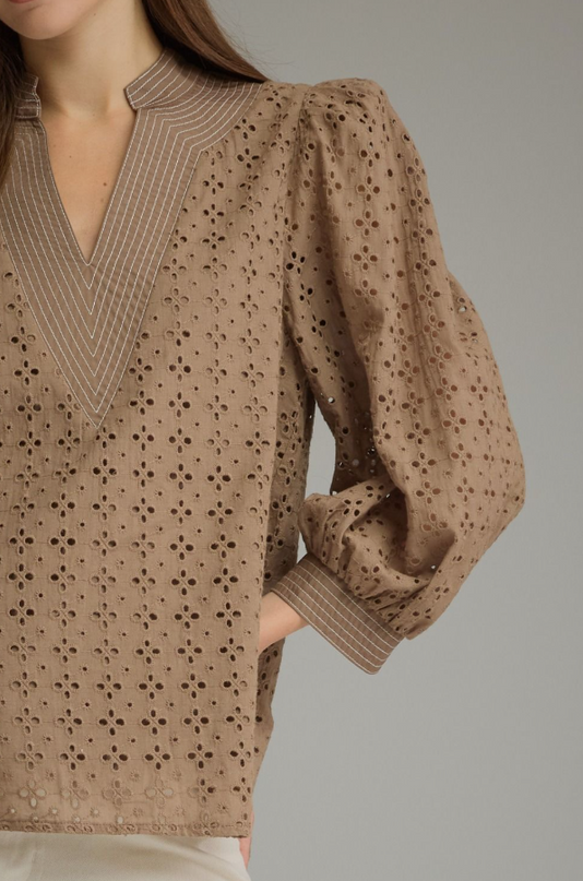 Eyelet Pattern Mocha Blouse
