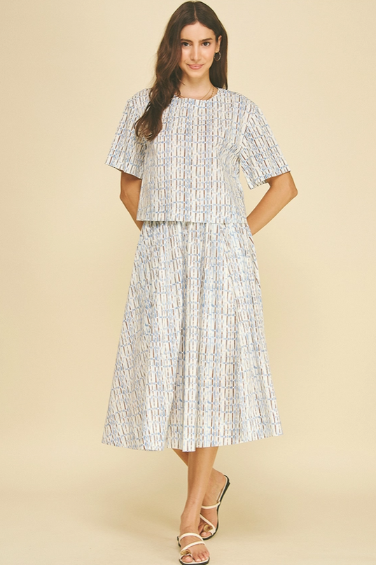 Abstract Printed Blue/Brown Midi Skirt