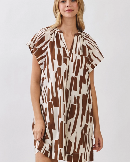 Abstract Pattern Brown/Cream Mini Dress