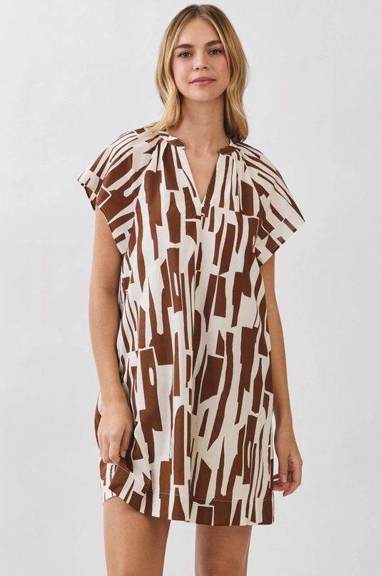 Abstract Pattern Brown/Cream Mini Dress