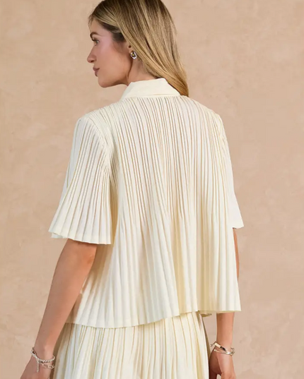 Button-Up Pleated Cream Blouse Tops in at Wrapsody