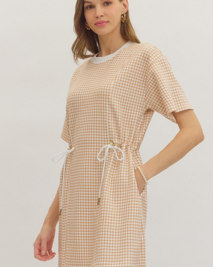 Check Pattern Cinch Ties Tan Mini Dress Dresses in at Wrapsody