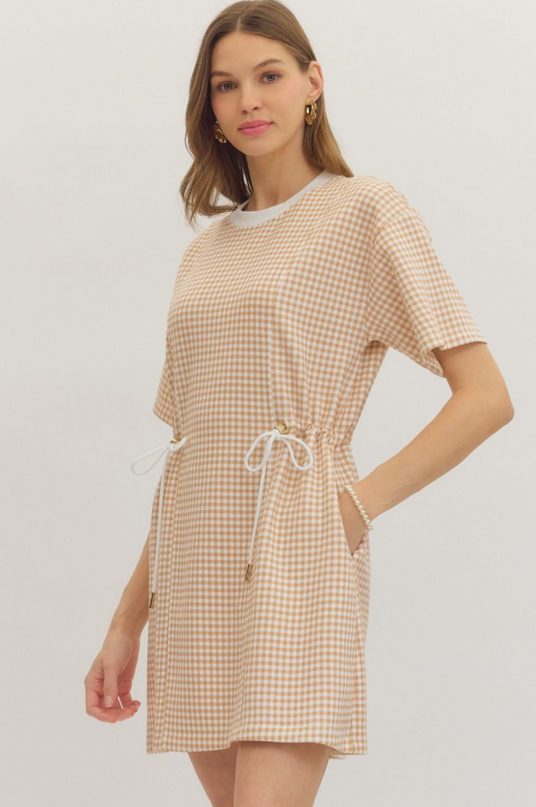 Check Pattern Cinch Ties Tan Mini Dress Dresses in at Wrapsody