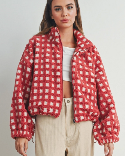 Checked Red/Taupe Sherpa Jacket