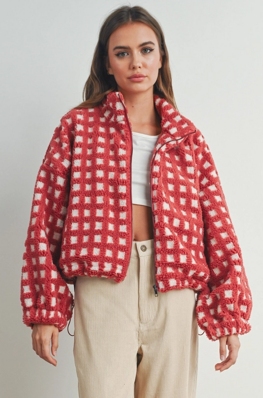 Checked Red/Taupe Sherpa Jacket