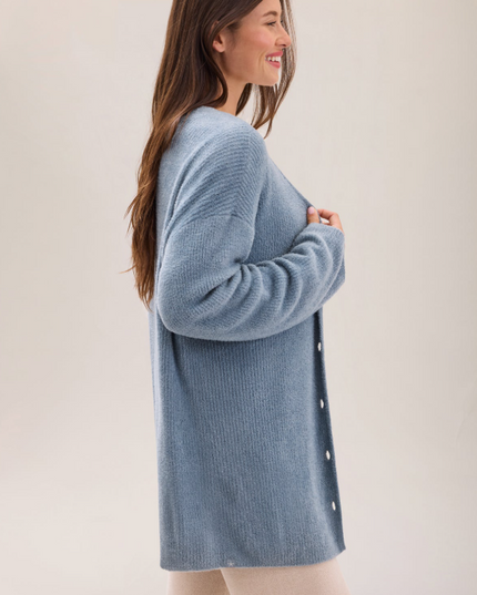 Barefoot Dreams Ribbed Button Cardigan - Blue Aura Outerwear in at Wrapsody