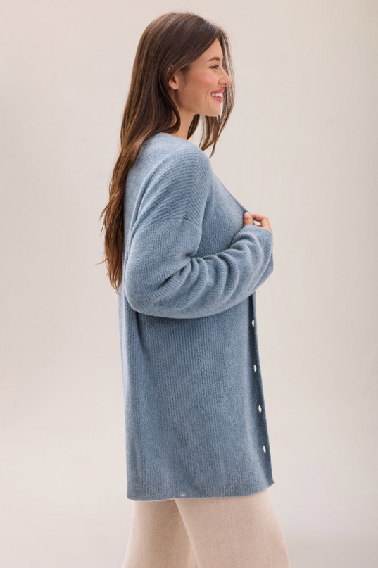 Barefoot Dreams Ribbed Button Cardigan - Blue Aura Outerwear in at Wrapsody