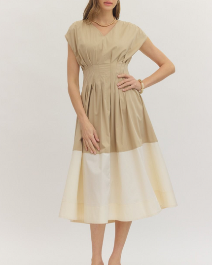 Cinched Colorblock Midi Dress in Brown/White M