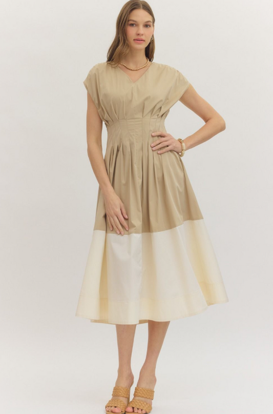 Cinched Colorblock Midi Dress in Brown/White – Wrapsody