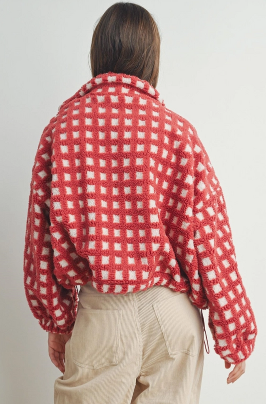 Checked Red/Taupe Sherpa Jacket