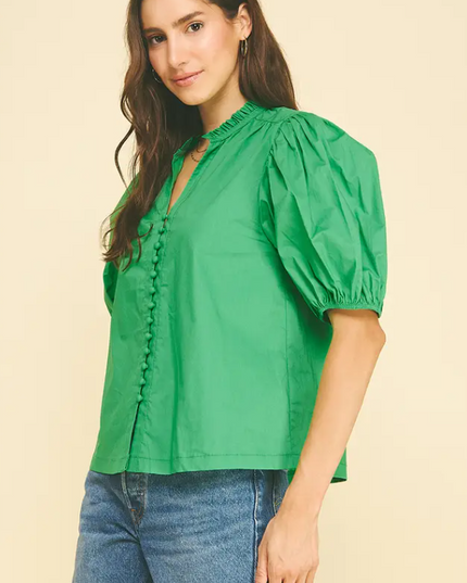 Button-Down Puff Sleeve Summer Green Blouse Tops in at Wrapsody