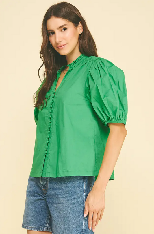 Button-Down Puff Sleeve Summer Green Blouse Tops in at Wrapsody