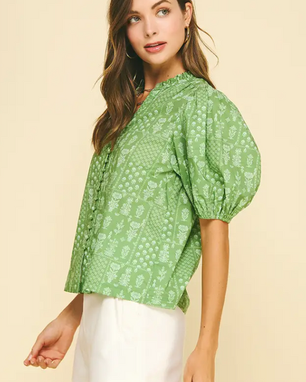 Floral Deep Sage Button Blouse