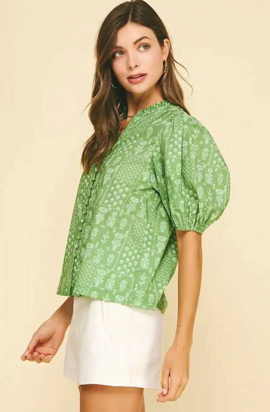 Floral Deep Sage Button Blouse