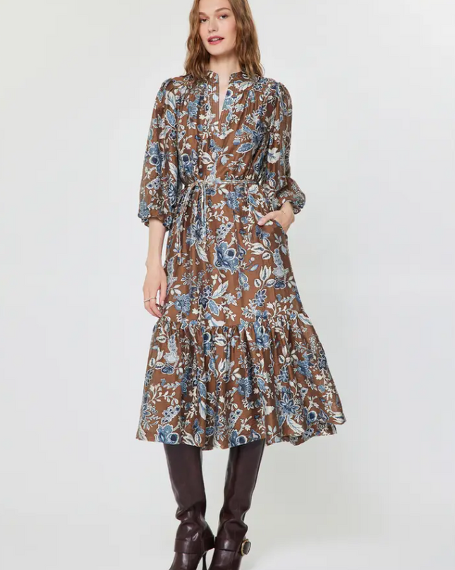 Botanic Print Puff Sleeve Midi Dress Dresses in XS at Wrapsody