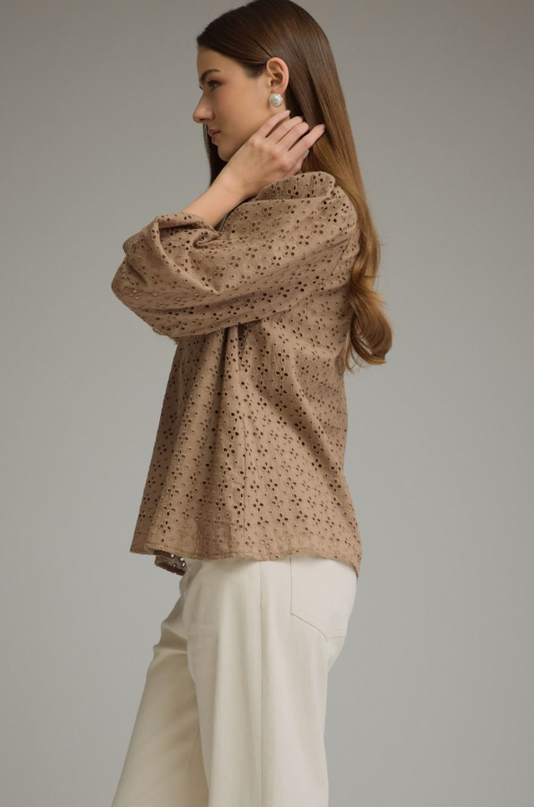 Eyelet Pattern Mocha Blouse