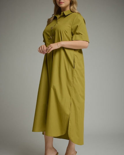 Cuff Sleeve Martini Olive Midi Dress - Extended Size