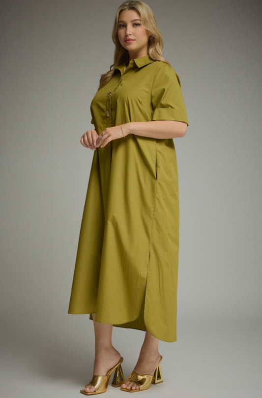 Cuff Sleeve Martini Olive Midi Dress - Extended Size