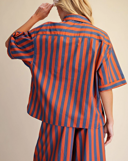 Striped Button-Up Charcoal/Orange Blouse