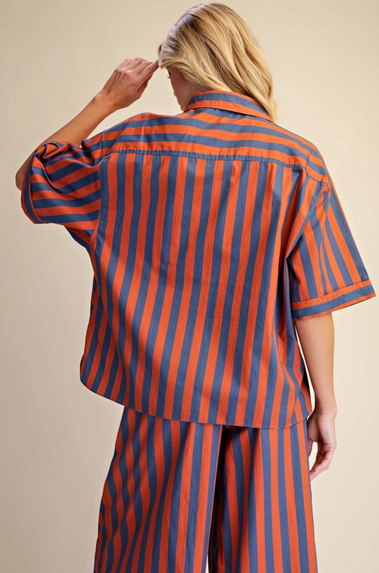 Striped Button-Up Charcoal/Orange Blouse