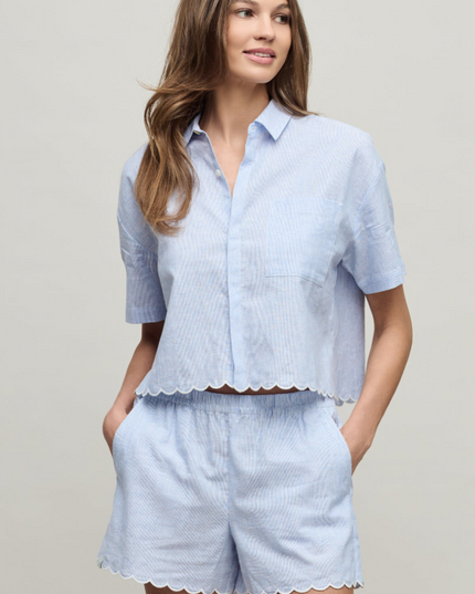 Barefoot Dreams Lakeside Stripe Scallop Shirt Loungewear in S at Wrapsody