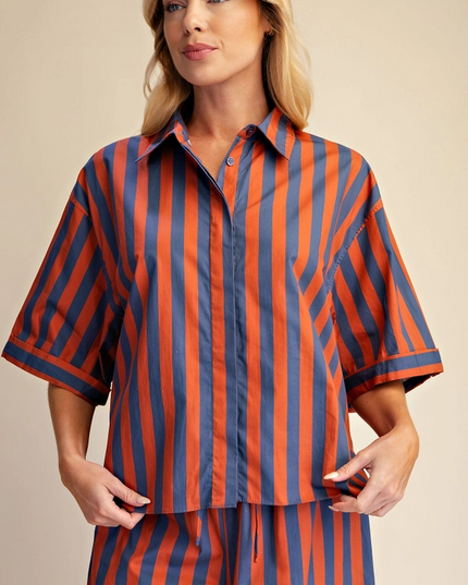 Striped Button-Up Charcoal/Orange Blouse