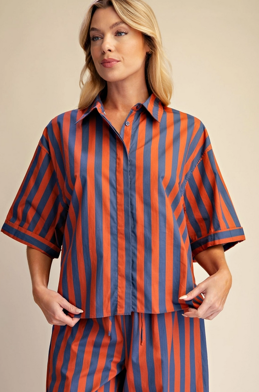 Striped Button-Up Charcoal/Orange Blouse