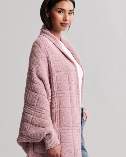 Barefoot Dreams CozyChic Tonal Plaid Teaberry Blanket Wrap Outerwear in at Wrapsody
