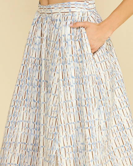 Abstract Printed Blue/Brown Midi Skirt
