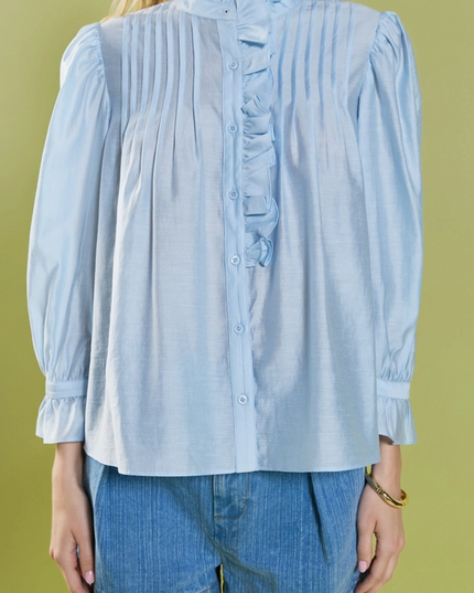 Ruffle Detailed Blouse in Powder Blue Tops in at Wrapsody