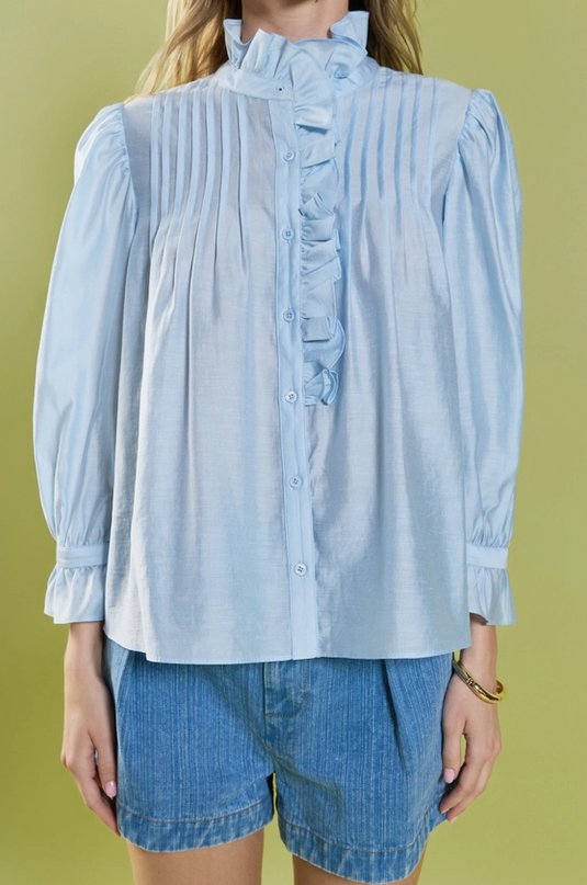 Ruffle Detailed Blouse in Powder Blue Tops in at Wrapsody
