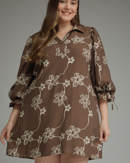Floral Brown Cinched Mini Dress - Extended Size