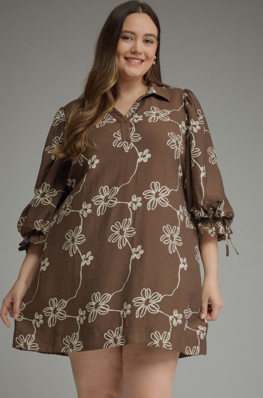 Floral Brown Cinched Mini Dress - Extended Size