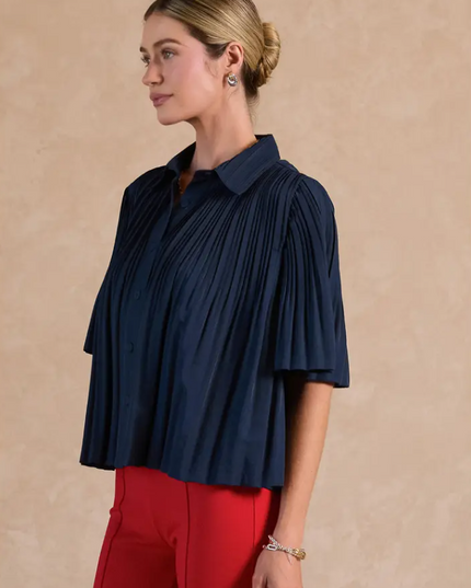 Button-Up Pleated Navy Blouse Tops in at Wrapsody