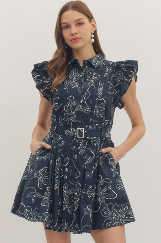 Paisley Belted Mini Dress in Navy Dresses in at Wrapsody