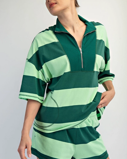 Striped Cotton Green/Mint Quarter Zip Pullover