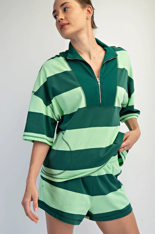 Striped Cotton Green/Mint Quarter Zip Pullover