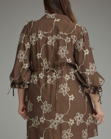 Floral Brown Cinched Mini Dress - Extended Size