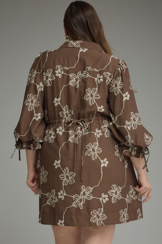 Floral Brown Cinched Mini Dress - Extended Size