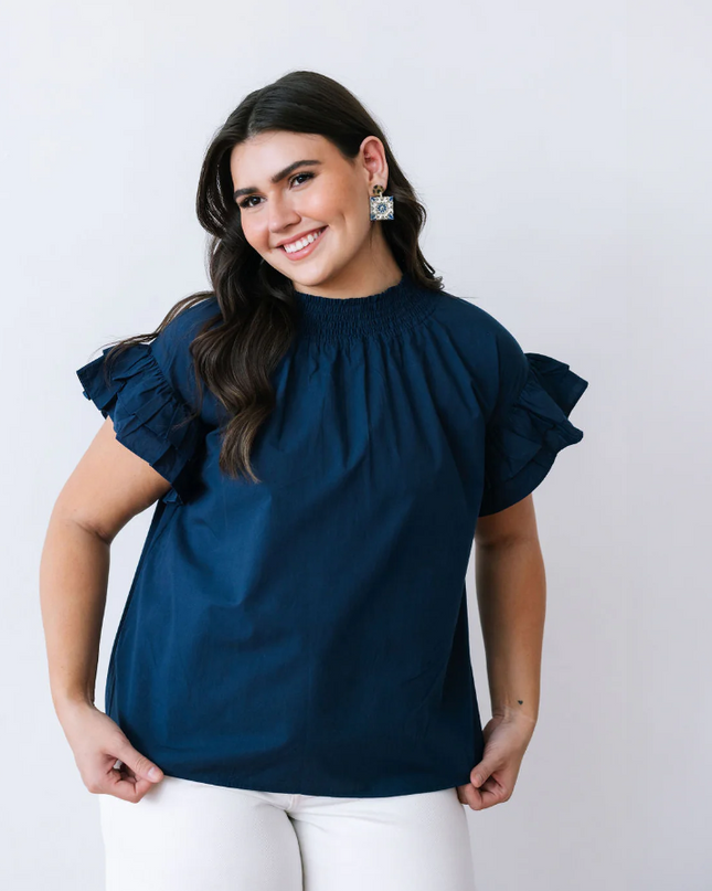 Flutter Me Away Navy Top Tops in  at Wrapsody