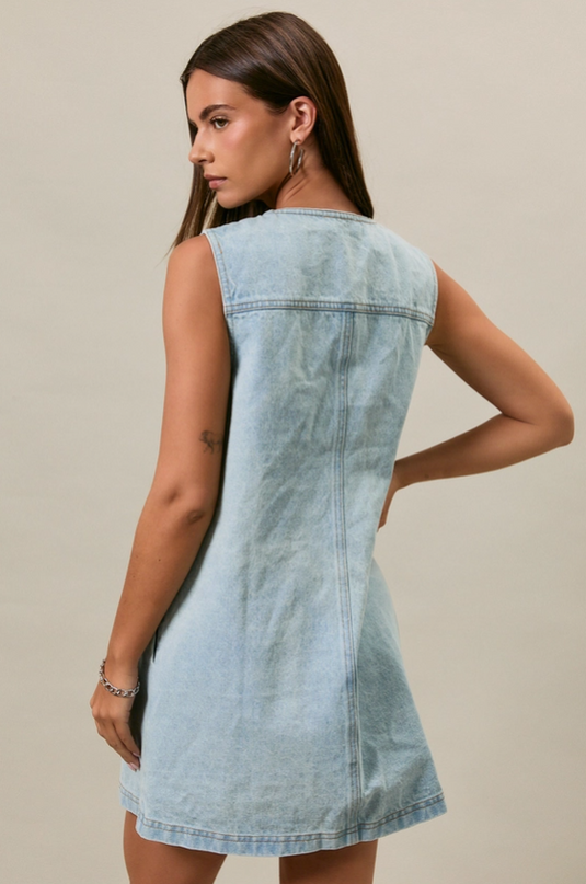 Button-Up Light Denim Mini Dress Dresses in at Wrapsody