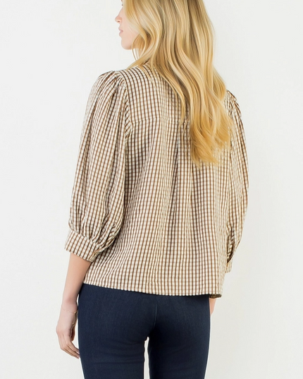 Button-Up Brown Plaid Blouse