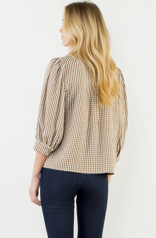 Button-Up Brown Plaid Blouse
