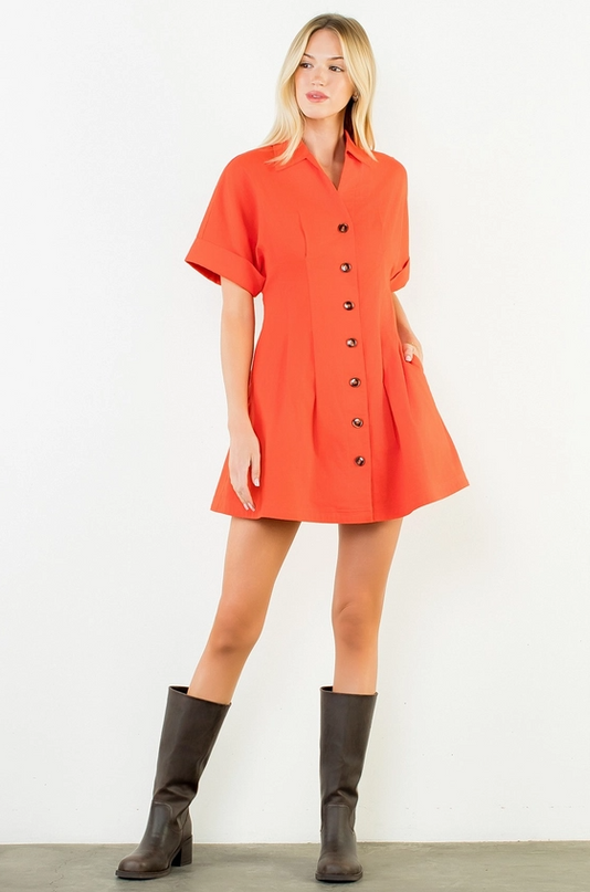 Pleated Orange Mini Dress