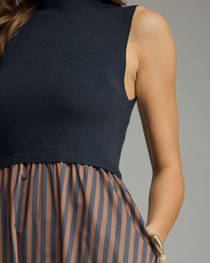 Knit and Striped Bottom Navy Midi Dress