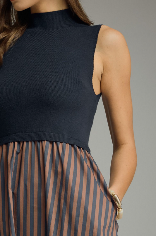 Knit and Striped Bottom Navy Midi Dress