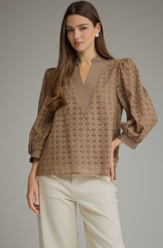 Eyelet Pattern Mocha Blouse