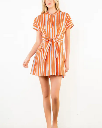 orange and blue striped dress Navy Stripe Dress with Orange Contrast Placket