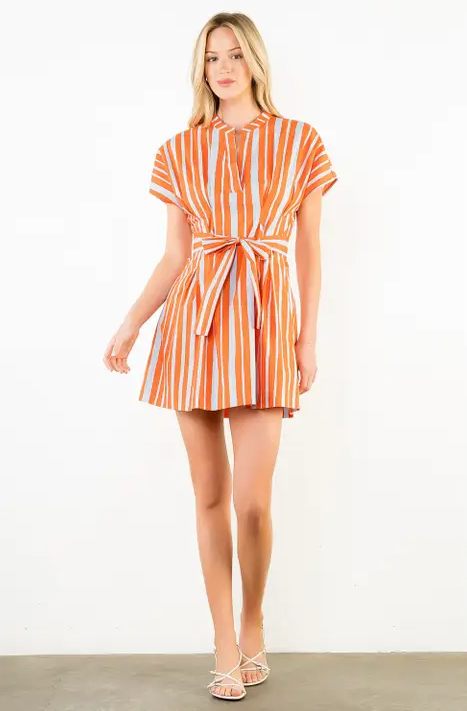 Striped Tie-Waist Orange/Blue Mini Dress S